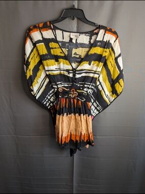 Beige by eci Black, Yellow and Orange Abstract V-Neck Blouse